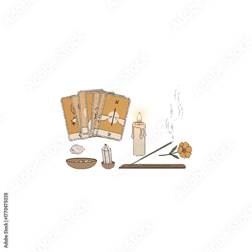 Vector illustration of tarot cards, candle, incense, and flower on a white background with warm tones.