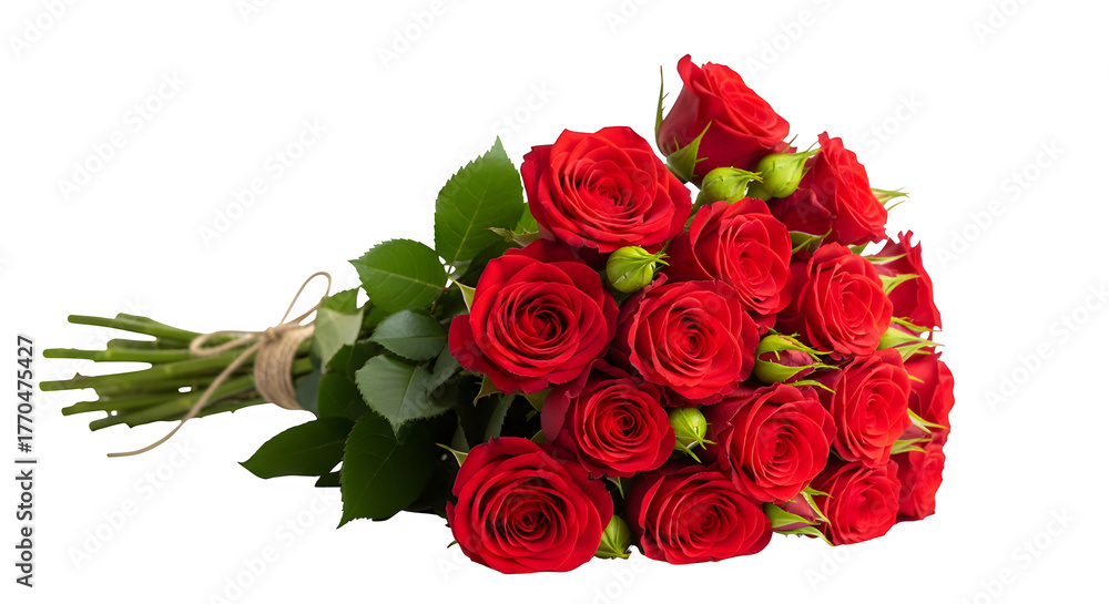 Obraz premium A lush bouquet of vibrant red roses with green leaves tied with twine against a stark black background