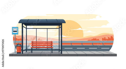 Serene sunset illuminates an empty bus stop shelter with a red bench and trash bin beside a quiet road, ready for commuters