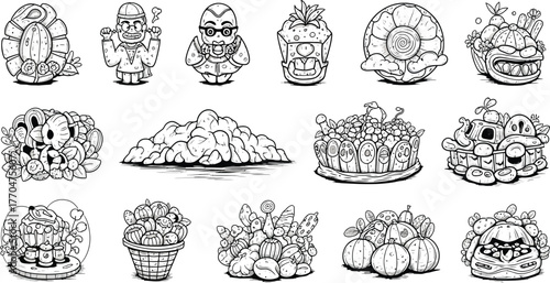 Outlined Various Cartoonish Characters and Objects on White Background