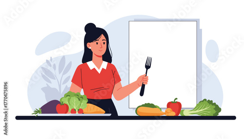 Smiling woman holding fork ready to taste fresh healthy vegetables and fruits in modern kitchen setting