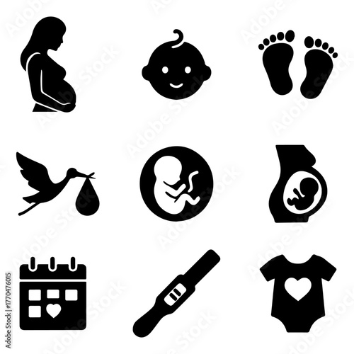Simple set of flat black icons about pregnancy and baby.
