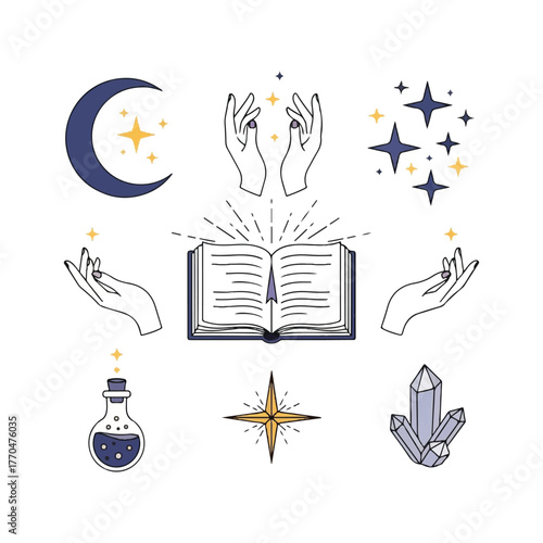 Vector illustration of magical symbols and hands conjuring spells from an open book with a celestial and mystical mood.