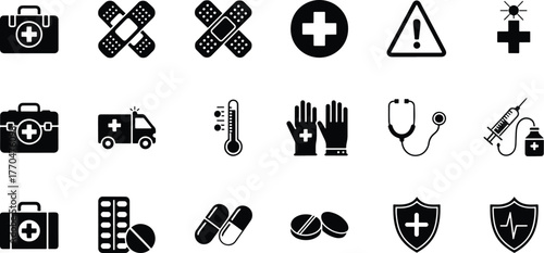 Collection of medical icons, including first aid kit, bandage, cross, warning sign, thermometer, gloves, stethoscope, syringe, ambulance, pills, and shield, isolated on white background