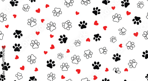 Playful Paw Prints and Hearts Seamless Pattern on White Background, Pet Lover Design