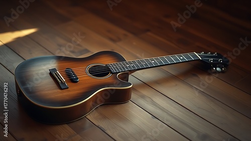 A vintage guitar resting on a wooden floor, highlighted by warm lighting from the side.