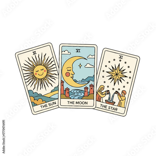 Vector illustration of three tarot cards, The Sun, The Moon, and The Star, with mystical symbols and dreamy landscapes on a white background.