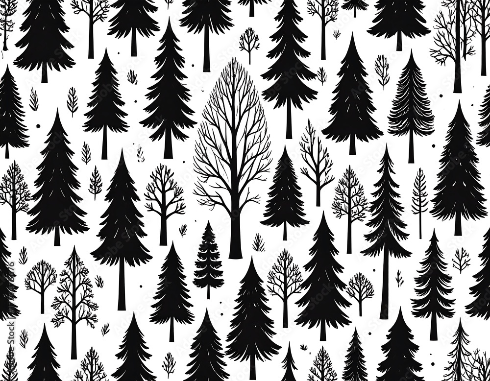 Obraz premium Black and white illustration featuring a forest scene with varied tree shapes, providing a repeating pattern