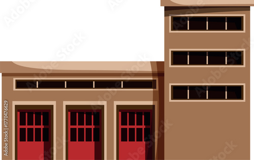 Fire station building exterior with three large red garage doors and a tall tower structure, suggesting a place for emergency response vehicles and personnel