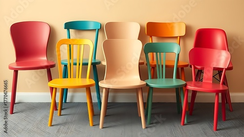 A playful arrangement of mismatched chairs in vibrant colors, representing whimsical seating dilemmas.