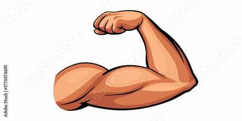 Cartoon illustration of a flexed muscular arm showing biceps and triceps with a clenched fist