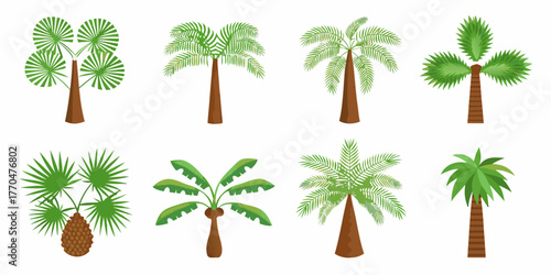 Collection of eight different stylized palm trees with green leaves and brown trunks on a white background