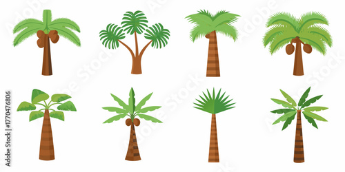 Collection of eight diverse cartoon palm trees with coconuts and tropical foliage on white background