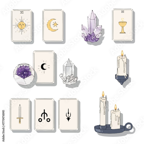 Vector illustration of tarot cards, crystals, and candles on a white background with mystical and spiritual elements.