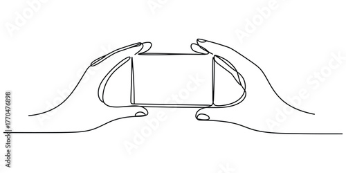 Minimalist continuous line drawing of hands holding a rectangular object vector