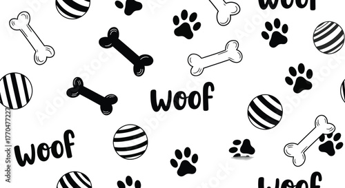 Seamless Pattern with Bones, Balls, Paw Prints, Woof Text on White Background
