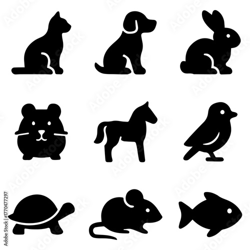 Set of flat domestic pets including dog, cat, rabbit, parrot, hamster, guinea pig, turtle, fish in bowl, and small toy-like animals.