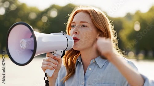Young woman with red hair shouting into a megaphone, leading a protest for human rights. Passionate female activist making a public speech and fighting for freedom and social justice in a rally