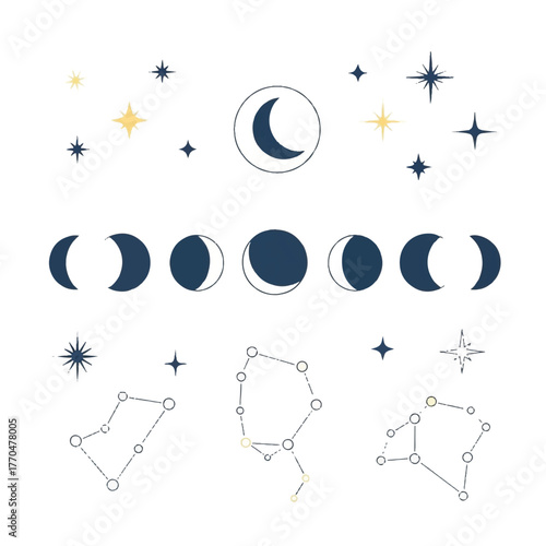 Vector illustration of celestial bodies including moon phases, stars, and constellations in a minimalist style on a white background.
