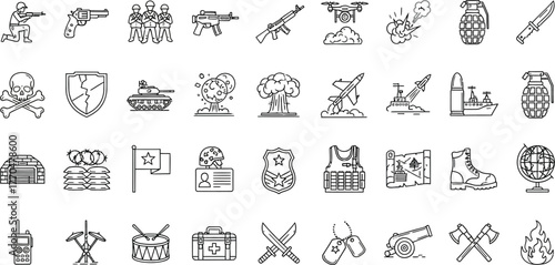 Set of Military Objects Outlines Soldier, Tank, Grenade, Plane, Drone on White
