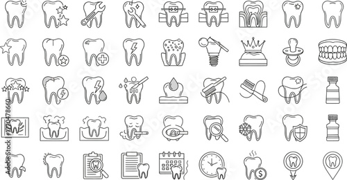 Set of Teeth Icons in Outline Style, Dental Care Symbols with Transparent Background