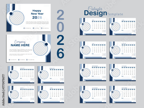 Calendar 2026 corporate template design set. Monthly planner design in corporate and business style, 12 months included. Customizable Template Creative Minimal Design For Corporate Office.