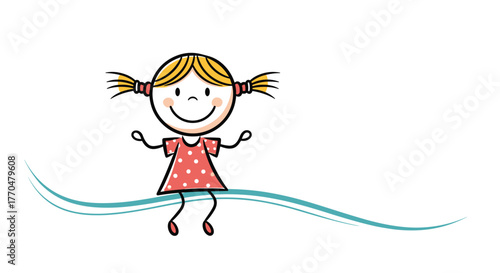 A cheerful cartoon girl with blond pigtails and a red polka dot dress sits happily on a flowing blue line, symbolizing childhood joy and simplicity.