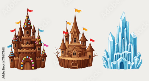 Whimsical fantasy castles, a chocolate confectionary wonderland and a shimmering ice palace, perfect for enchanting storybook adventures and dreamlike designs