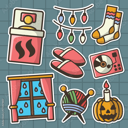 set of cute autumn interior colorful sticker