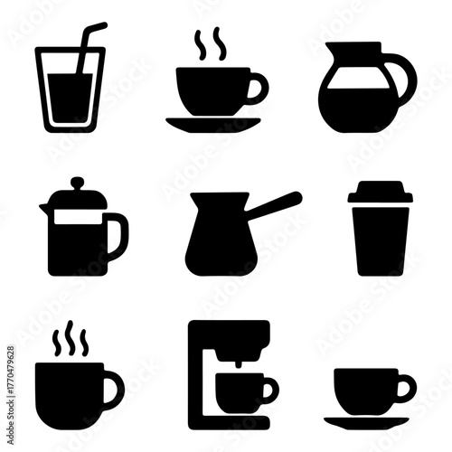 set of coffee icons, such as tea, drinks, cocoa, cup, cafe