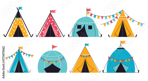 Collection of colorful cartoon tents with festive decorations, perfect for camping, festivals, and outdoor adventure themes.