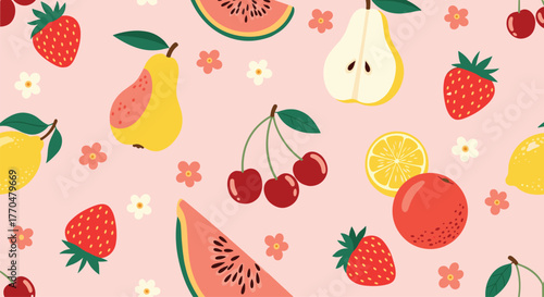 Cute and colorful seamless pattern featuring various fresh fruits like strawberries, pears, cherries, and lemons, scattered with small flowers on a pastel pink background.