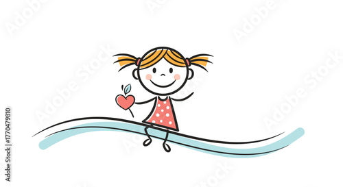 A cheerful stick-figure girl with pigtails sits on a wavy line, happily holding a red heart with a green leaf, symbolizing love and growth.