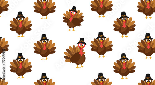 Cute cartoon turkeys wearing pilgrim hats form a festive seamless pattern, perfect for Thanksgiving holiday backgrounds, fabric, or digital designs.