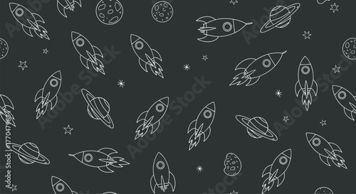 Hand-drawn chalk space seamless pattern with rockets, planets, stars, and moon on a dark background, perfect for cosmic-themed designs.