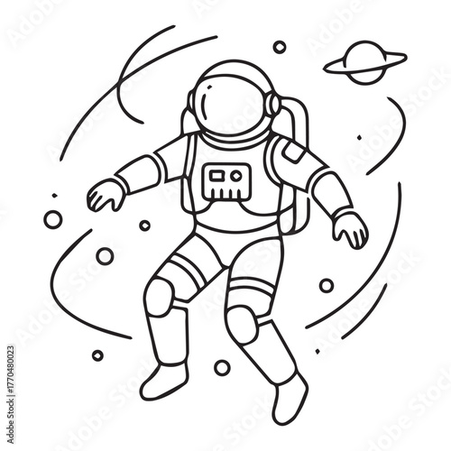 A black and white line drawing of an astronaut in a spacesuit, floating in outer space surrounded by planets and stars.