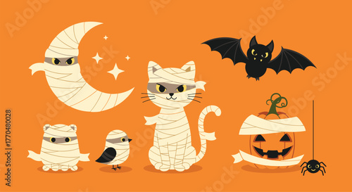 Sweet Halloween illustration featuring cute mummy characters including a moon, cat, bear, bird, and jack-o'-lantern, plus a bat and spider.