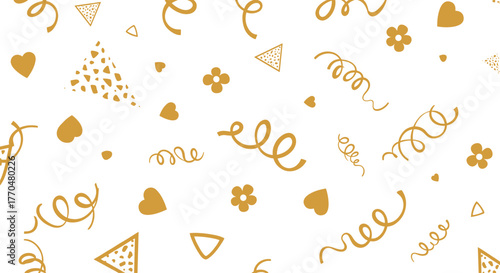 Golden festive confetti pattern featuring hearts, flowers, curling ribbons, and decorative triangles scattered on a clean white background for celebration designs.
