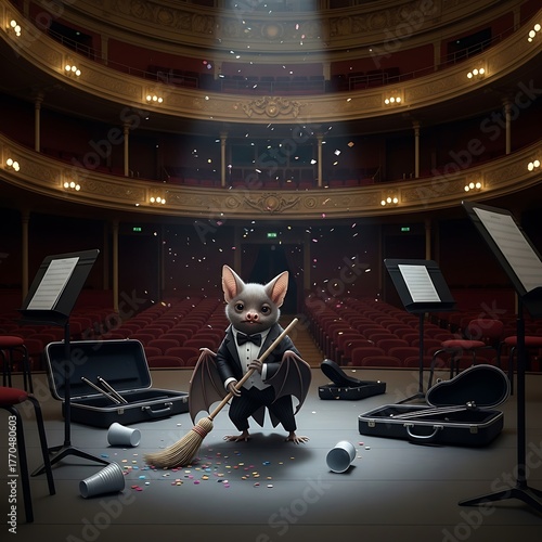 A cartoon bat, dressed in formal attire, sweeps up confetti on a theater stage, surrounded by equipment