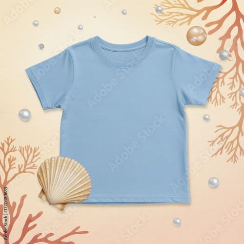 Unisex kids casual t-shirt flat lay mockup, seashell nearby. Blank light blue youth tee, lying template, small size. Toddler basic t-shirt template, top view. Child's unfolded short sleeve tee