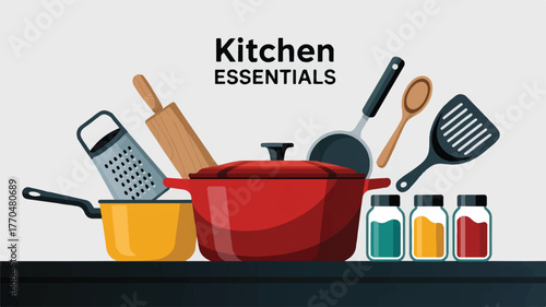 Collection of essential kitchen cooking utensils and cookware