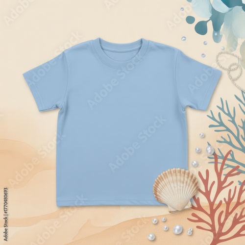 Unisex kids casual t-shirt flat lay mockup, seashell nearby. Blank light blue youth tee, lying template, small size. Toddler basic t-shirt template, top view. Child's unfolded short sleeve tee