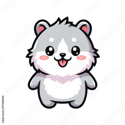 Adorable grey and white cartoon dwarf hamster standing with a happy smiling expression and rosy cheeks.