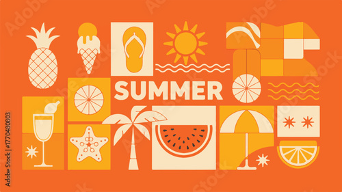 Vibrant summer graphic with icons of fruits, drinks, and beach elements