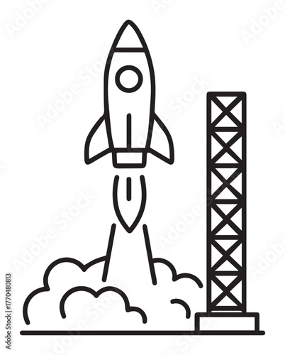 A stylized line drawing depicts a rocket ascending from a launchpad, with billowing smoke and fiery exhaust.