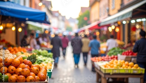 Blurred image of a bustling outdoor market street scene at daytime. Colorful produce in the foreground, people browsing, and shop awnings