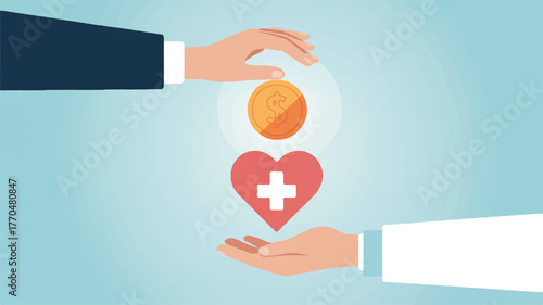 Hands exchanging coin and heart symbol for healthcare