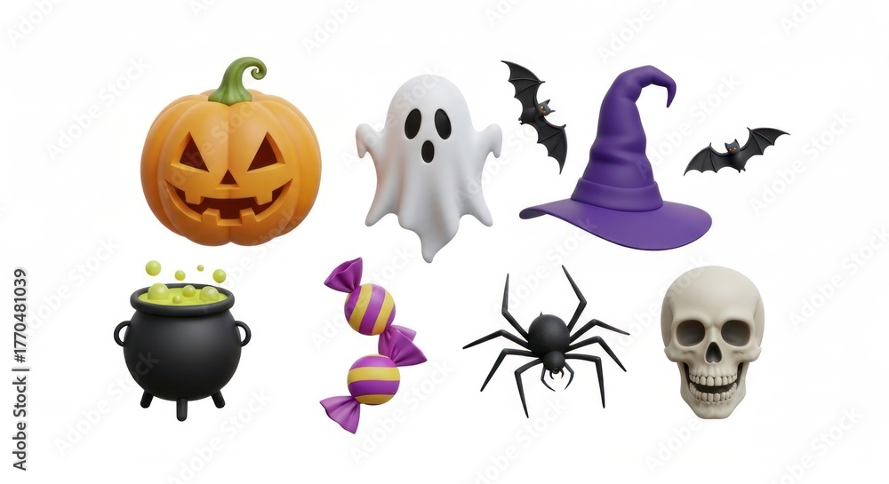 Obraz premium Halloween icons set with pumpkin, ghost, bats, candy, skull, cauldron