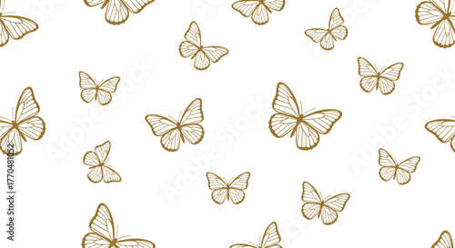 A delicate and elegant seamless pattern of golden outline butterflies fluttering gracefully across a clean white background.
