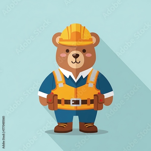 A cartoon bear, wearing a construction hat, vest, tool belt, and uniform. It stands on a light blue background